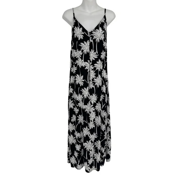Kenny Flowers Moon Shine Maxi Dress Medium Black Palm Tree Tropical Resort NWT - Picture 2 of 11